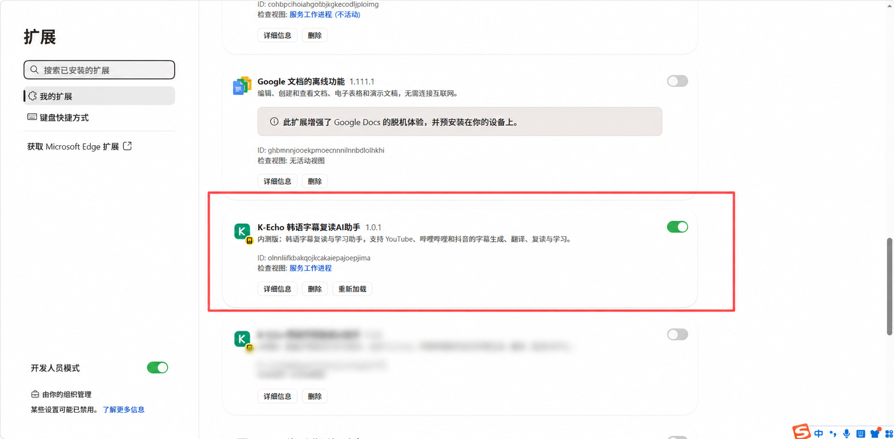 Edge:K-Echo 扩展加载成功(1.0.1 版本示意图)