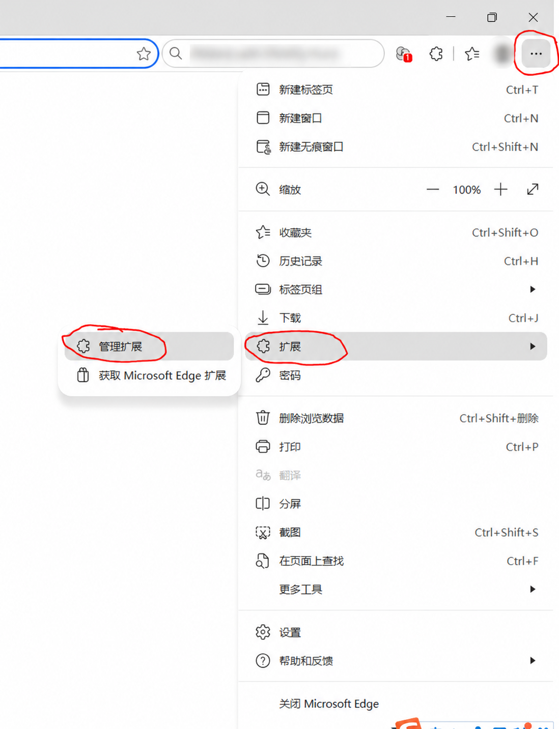 Edge:从右上角菜单进入扩展管理页